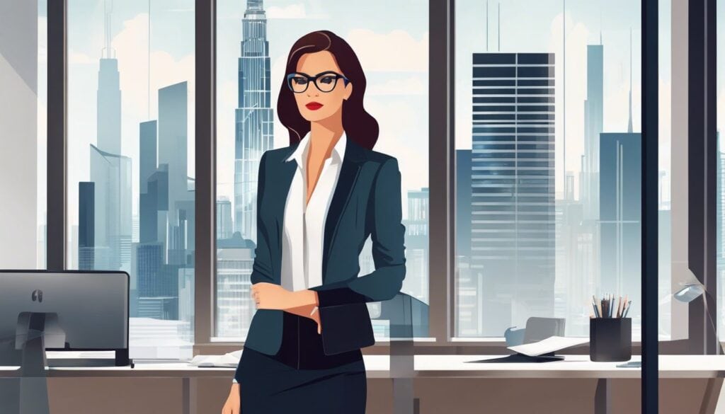 Een zelfverzekerde zakenvrouw in een moderne kantooromgeving met stadsgezicht.