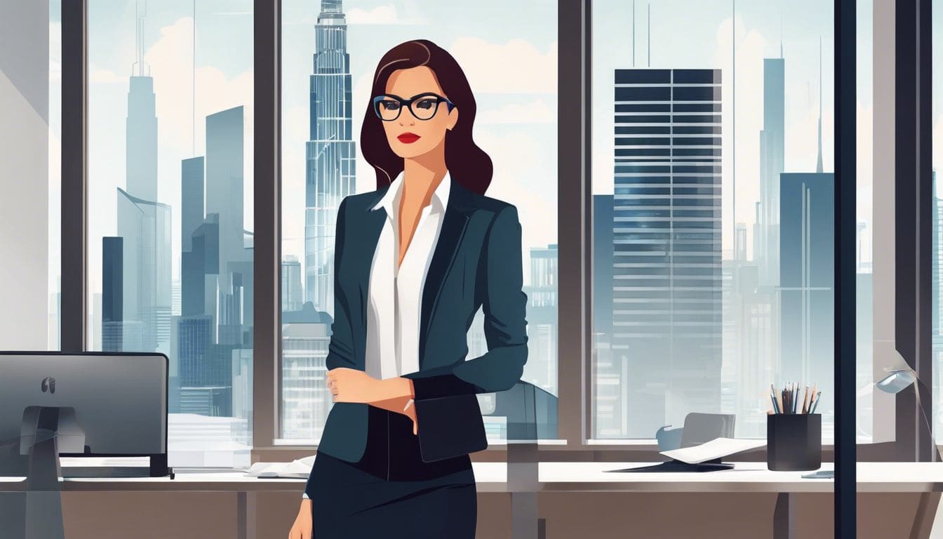 Een zelfverzekerde zakenvrouw in een moderne kantooromgeving met stadsgezicht.