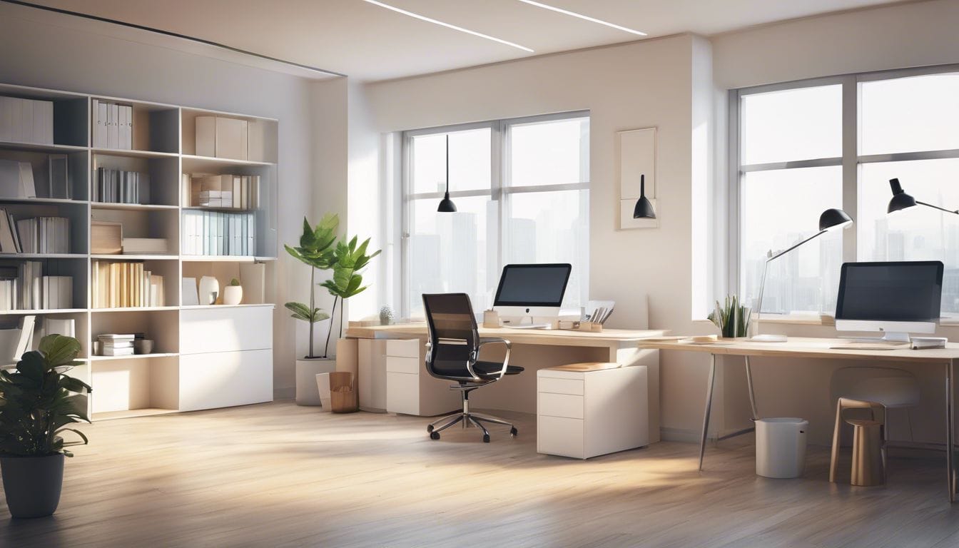 Een opgeruimd bureau in een rustige kantooromgeving met georganiseerde bestanden.