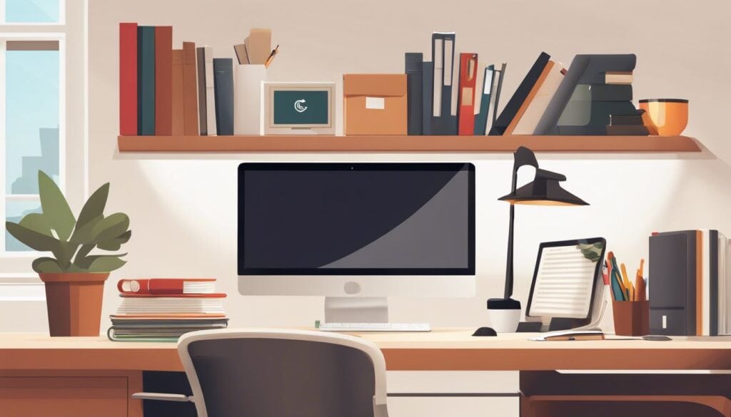 Een goed georganiseerd bureau met computer en kantoorbenodigdheden.