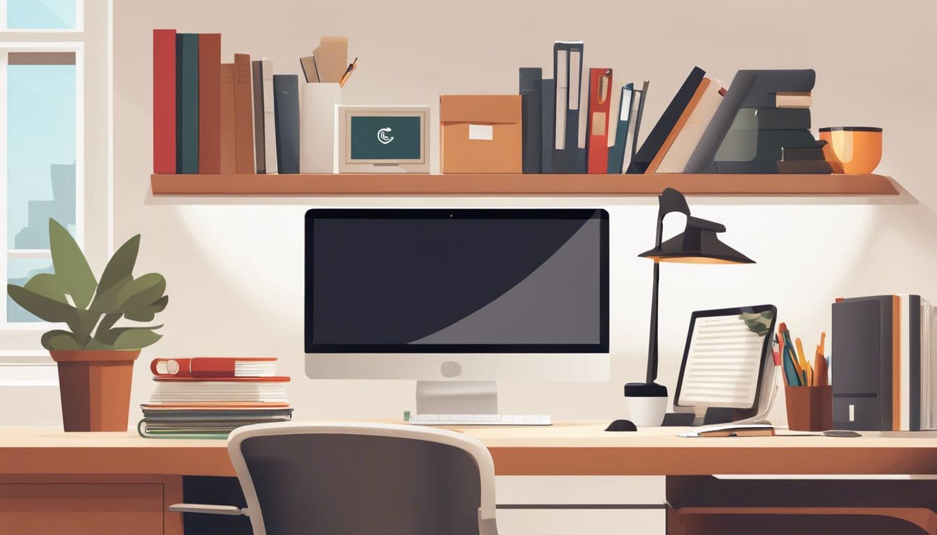Een goed georganiseerd bureau met computer en kantoorbenodigdheden.
