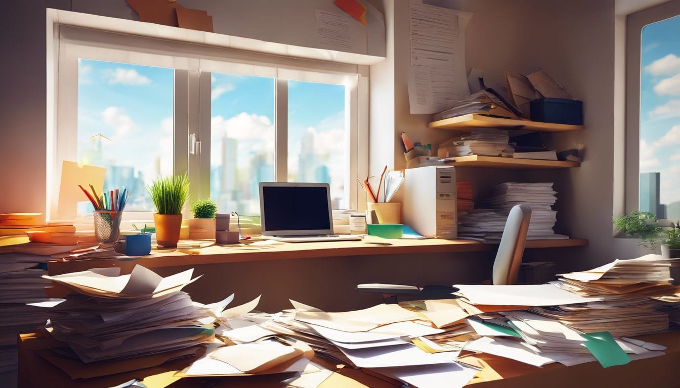 Een rommelig bureau met verspreide papieren en persoonlijke spullen.