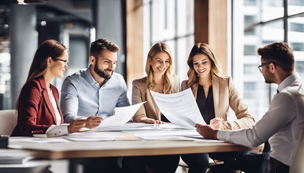 Een diverse groep NSG Sport medewerkers bespreken documenten en administratieve processen.