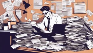 Een persoon omringd door stapels boekhoudkundige offertes, zittend aan een rommelig bureau, benadrukt de chaos en stress.