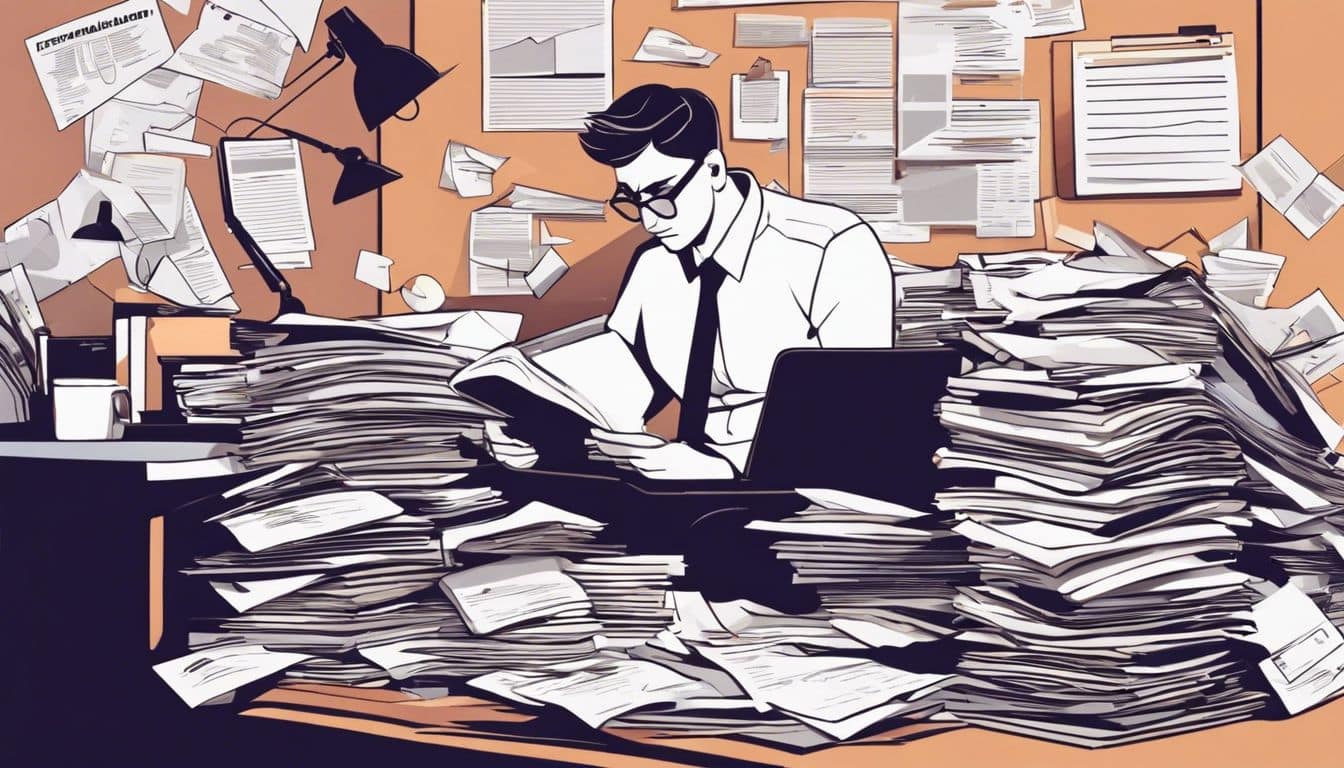 Een persoon omringd door stapels boekhoudkundige offertes, zittend aan een rommelig bureau, benadrukt de chaos en stress.