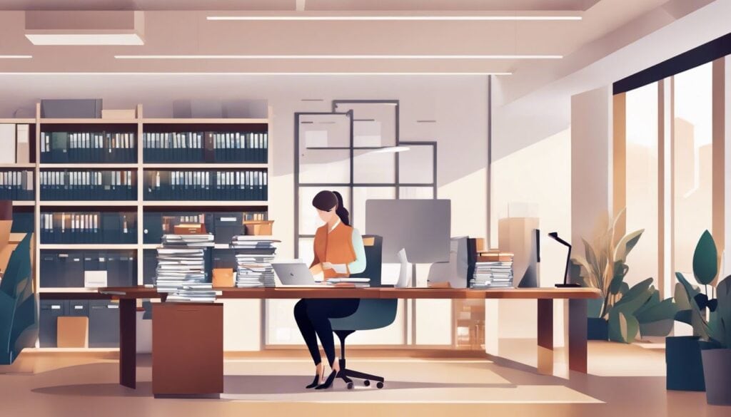 Een zakenvrouw sorteert papierwerk in een opgeruimd kantoor.