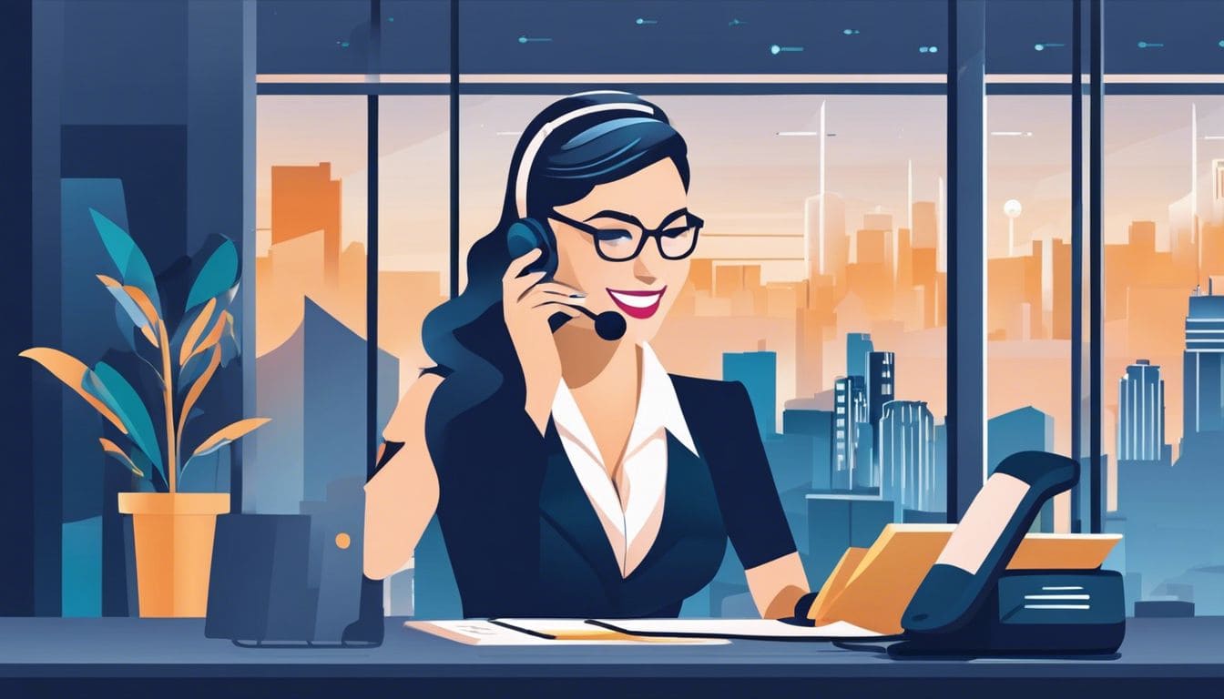 Een persoon belt en spreekt met een klantenservicemedewerker, met een stadsgezicht op de achtergrond.