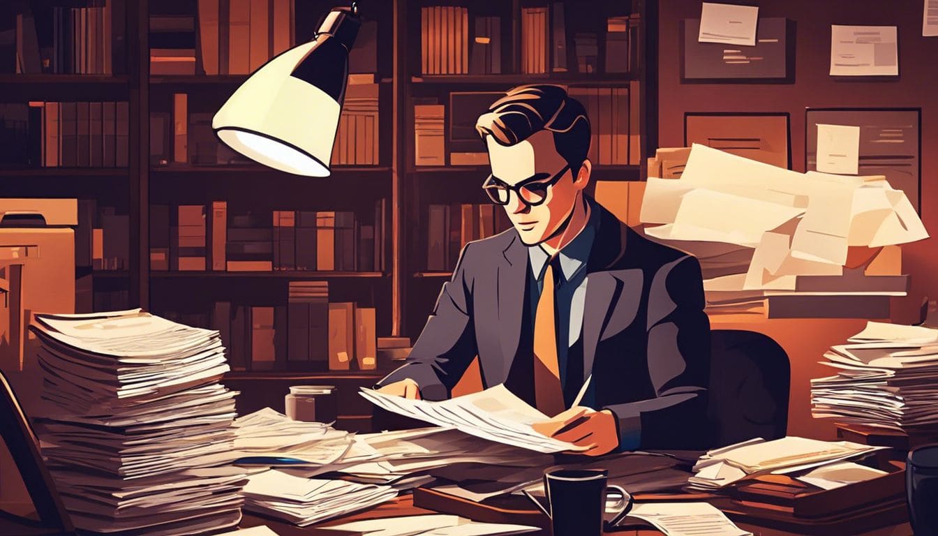 Persoon organiseert papierwerk op rommelig bureau in vintage kantoorruimte.