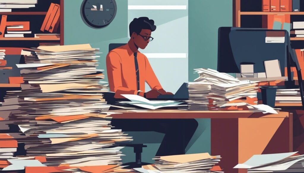 Een persoon kijkt nieuwsgierig door een stapel administratieve dossiers op een rommelig bureau.
