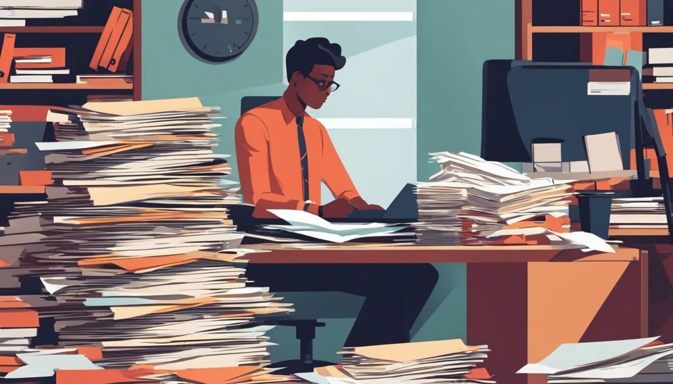 Een persoon kijkt nieuwsgierig door een stapel administratieve dossiers op een rommelig bureau.