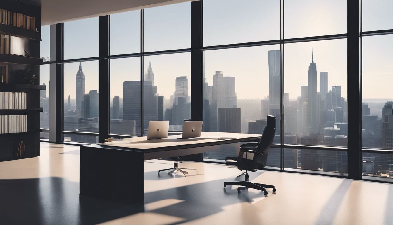 Een persoon bekijkt documenten op een modern kantoor met stadsgezicht.