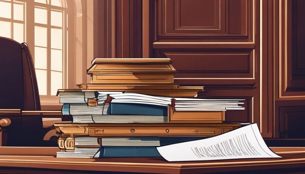 Een stapel juridische documenten op het bureau van een rechter.