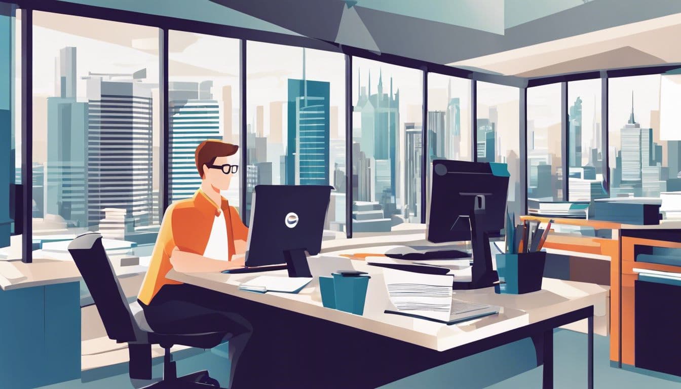 Een drukke rij-instructeur organiseert papierwerk aan een bureau met een computer, met een stadssilhouet op de achtergrond.