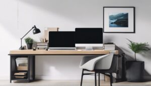 Een opgeruimd en georganiseerd kantoor met een netjes geordend bureau en computer.