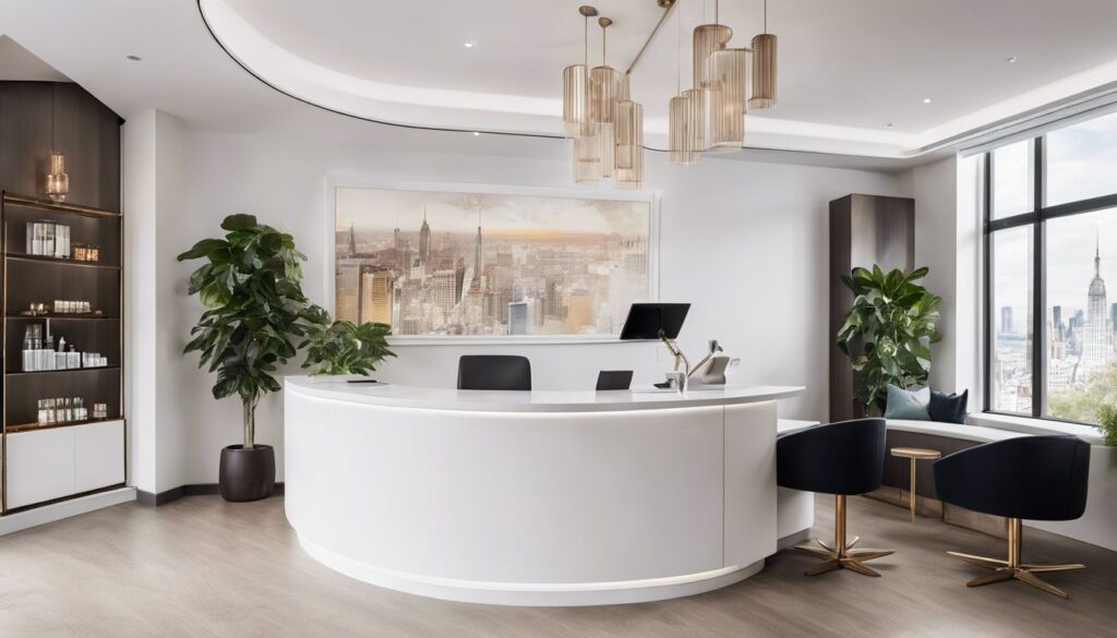 Een rustige schoonheidssalon receptie met georganiseerde papieren en moderne inrichting.