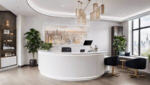 Een rustige schoonheidssalon receptie met georganiseerde papieren en moderne inrichting.