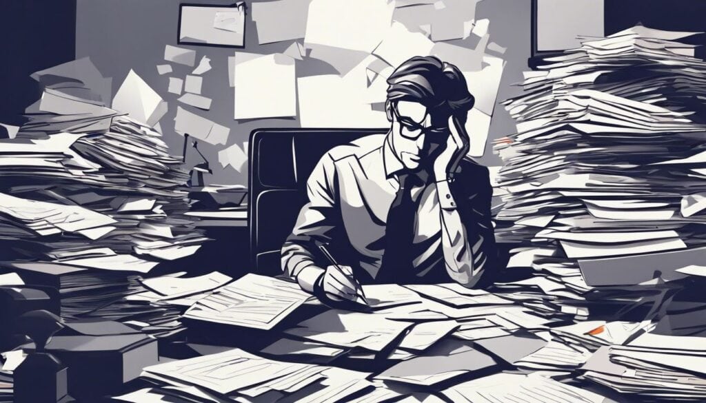 Een persoon zit in een rommelig kantoor omgeven door stapels papierwerk.