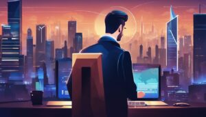 Een persoon voert veilige inloggegevens in voor een computer in een moderne stad.