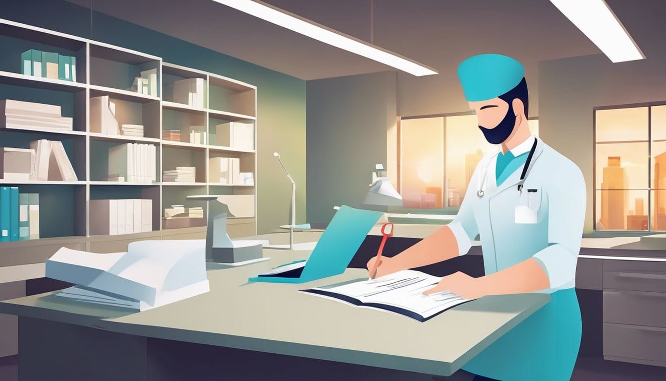 Een tandarts die patiëntendossiers bekijkt in een moderne kantooromgeving.