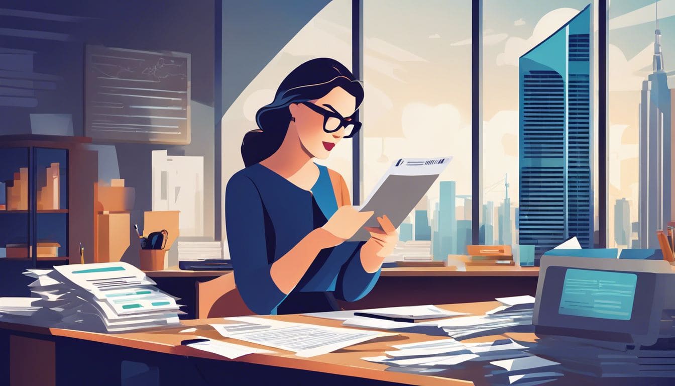 Een persoon voert ontvangstbewijzen in in een digitaal boekhoudsysteem in een moderne stadsomgeving.