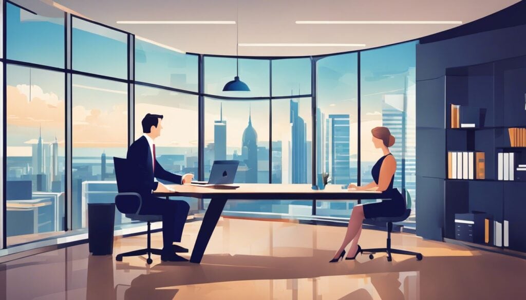 Een accountant adviseert een client in een modern kantoor met stadsgezicht.