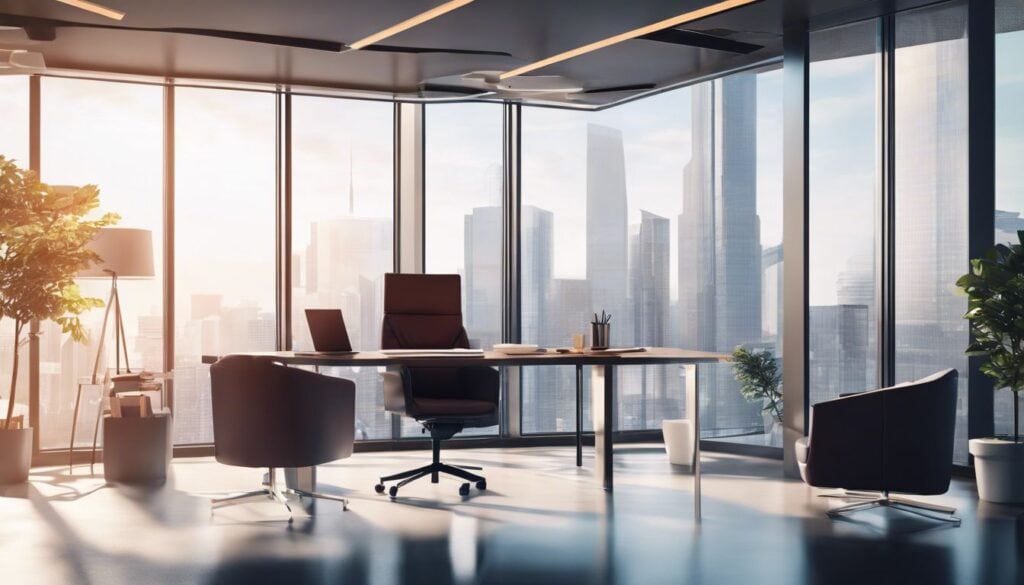 Een professionele accountant bestudeert financiële documenten in een modern kantoor.