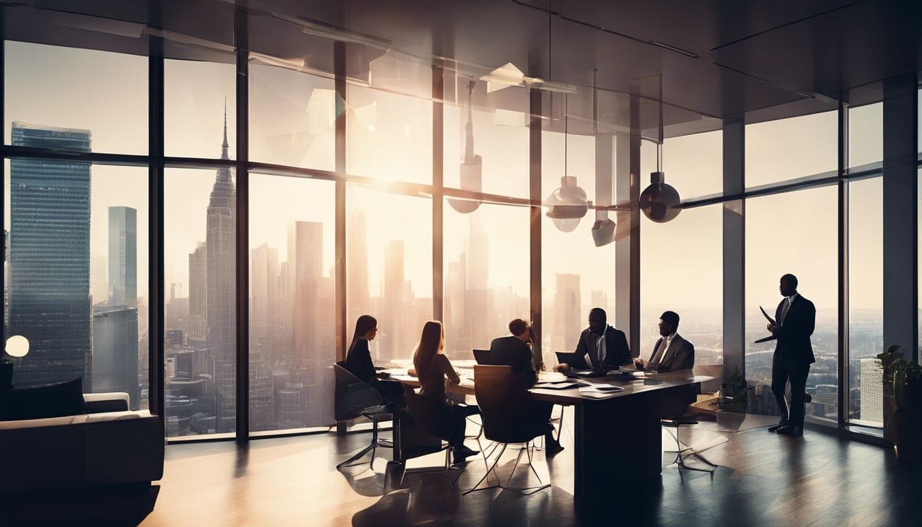 Een groep bespreekt financi&euml;le documenten in een goed verlicht kantoor.