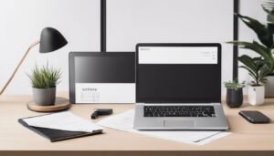 Een schone en georganiseerde kantoorwerkplek met laptop en stapels papierwerk.