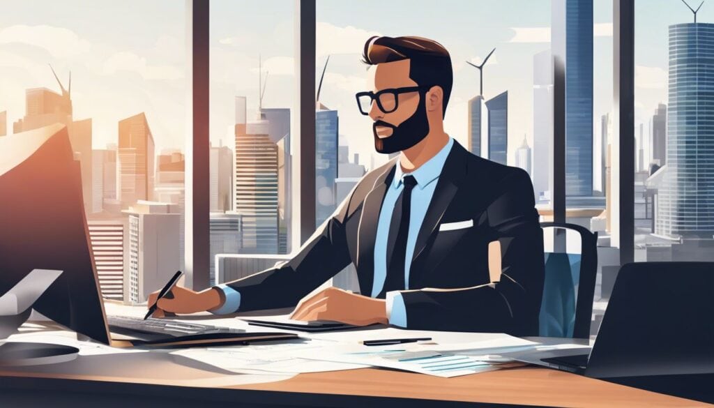 Een persoon zit aan een georganiseerd bureau met uitzicht op de stad.