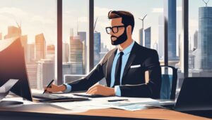 Een persoon zit aan een georganiseerd bureau met uitzicht op de stad.