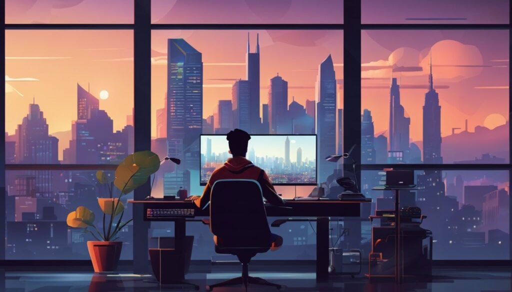 Een persoon zit aan een bureau te typen, omringd door stadsfotografie.