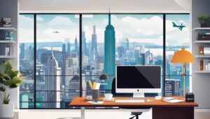 Een persoon beheert e-mailaccounts in een kantoor met uitzicht op de stad.