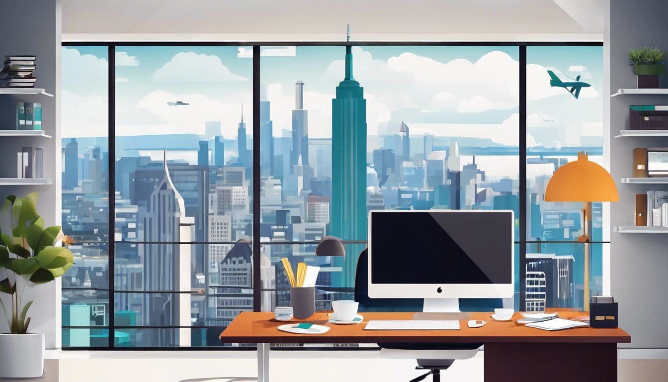 Een persoon beheert e-mailaccounts in een kantoor met uitzicht op de stad.