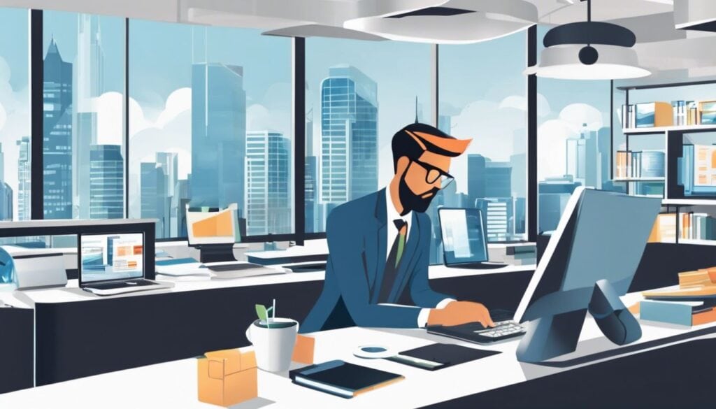 Een drukke winkelmanager gebruikt moderne boekhoudsoftware in een goed georganiseerd kantoor bij Cityscape Photography, omringd door fotografieapparatuur en grote ramen met stadsgezichten.