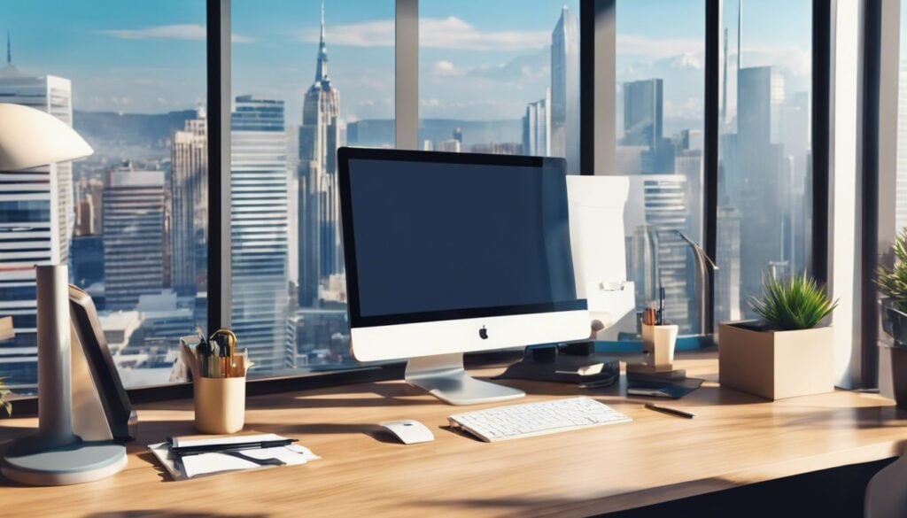 Een keurig opgeruimd kantoorbureau met computer en administratieve hulpmiddelen, met stadsgezicht op de achtergrond.