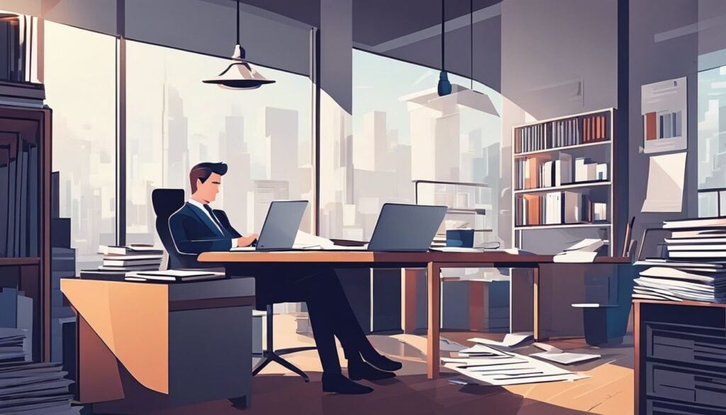 Een zakenman werkt hard in een moderne kantoorsfeer met stapels papierwerk.