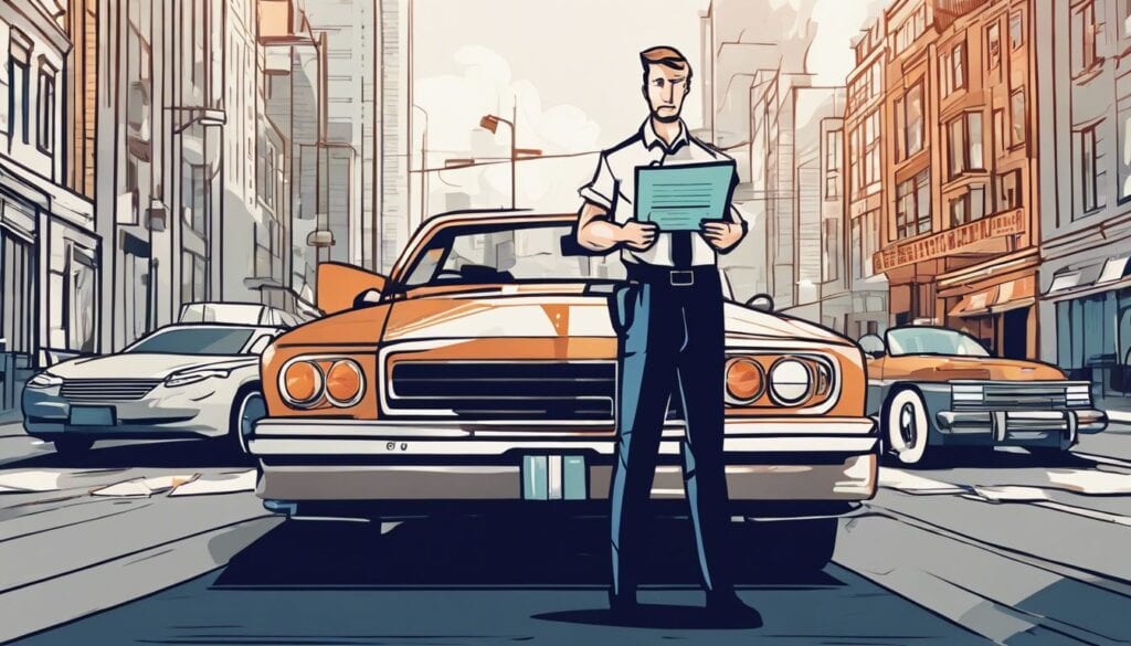 Een gefrustreerde bestuurder houdt een verkeersboete vast te midden van drukte.