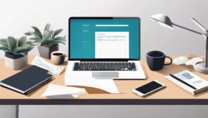 Een georganiseerd bureau met laptop, papierwerk en koffie, minimalistische en productieve sfeer.