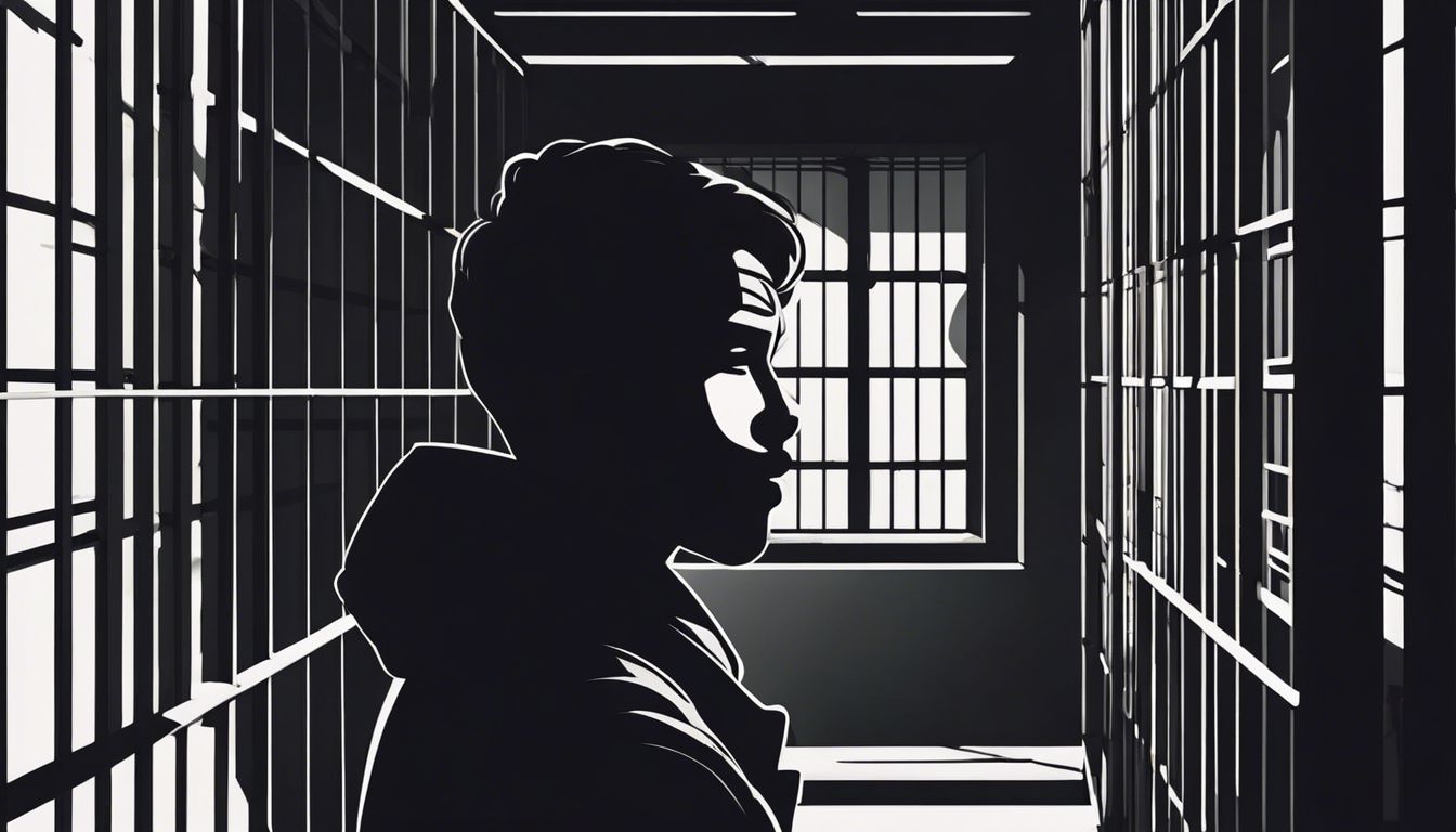Een persoon kijkt verlangend en wanhopig uit een tralieraam in een donkere cel.