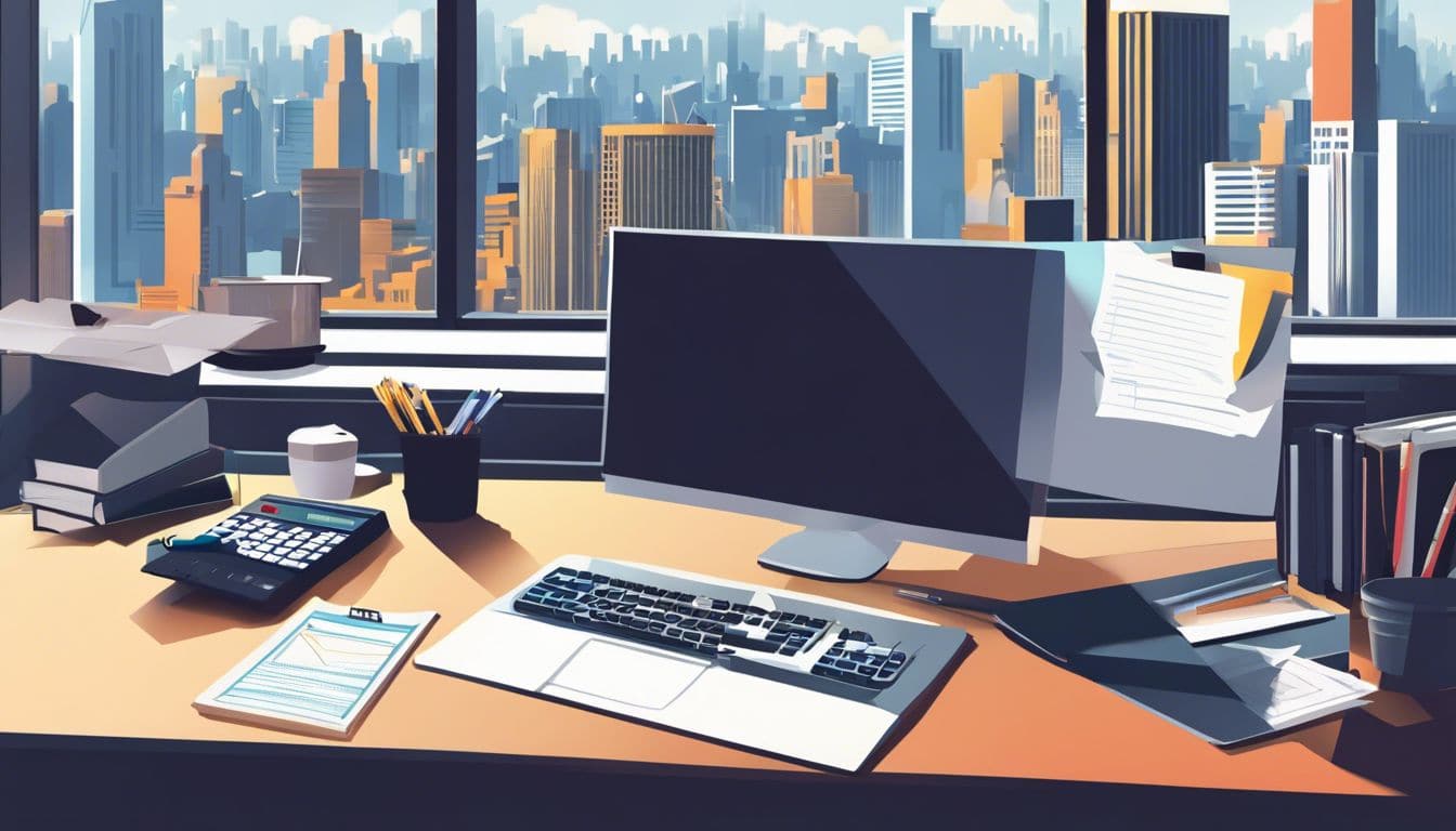 Een rommelig bureau met documenten en een computer met uitzicht op een stad. Een rommelig bureau met documenten en een computer met uitzicht op een stad.