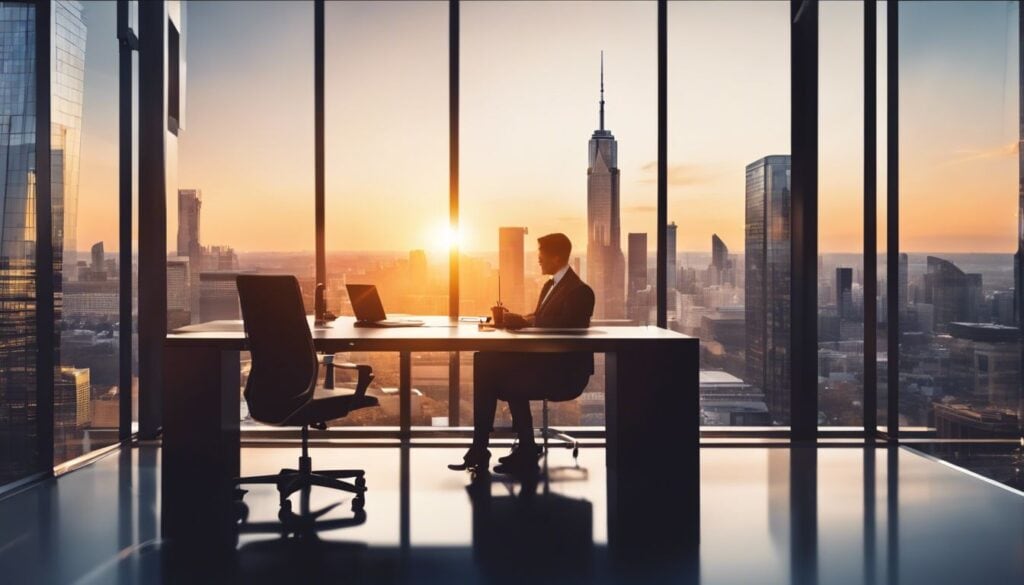 Een persoon werkt geconcentreerd te midden van een drukke stad.