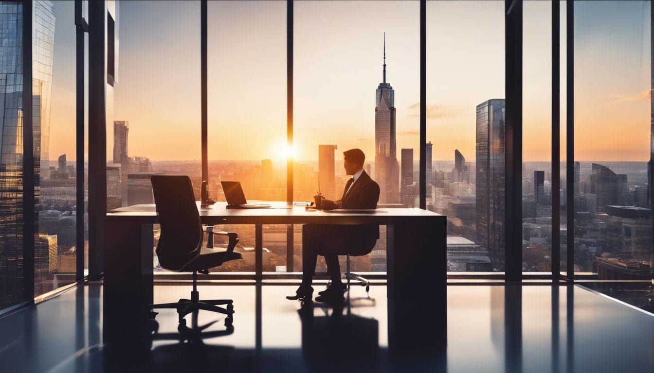 Een persoon werkt geconcentreerd te midden van een drukke stad.