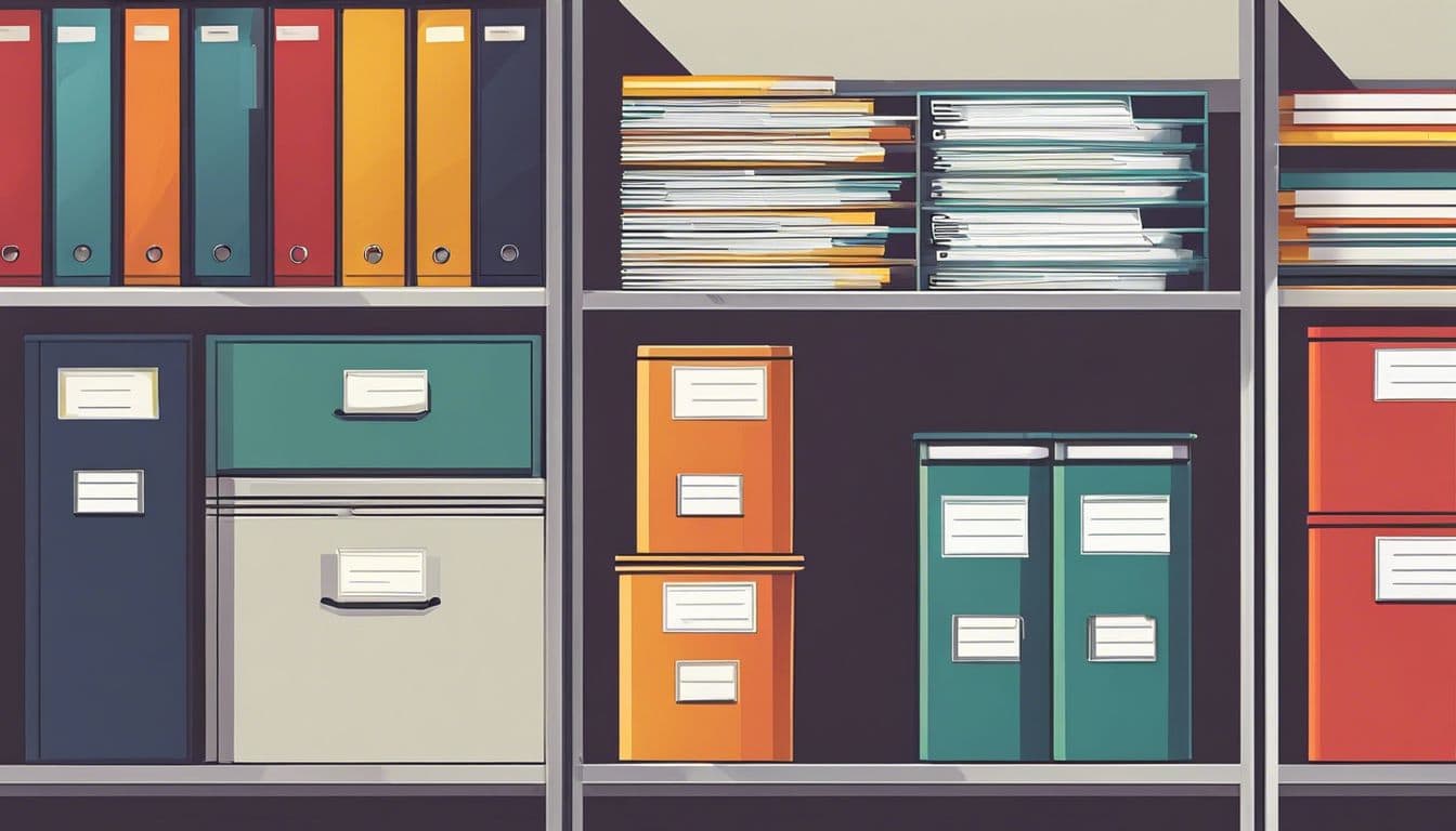 Goed georganiseerde archiefkast in opgeruimde kantooromgeving.