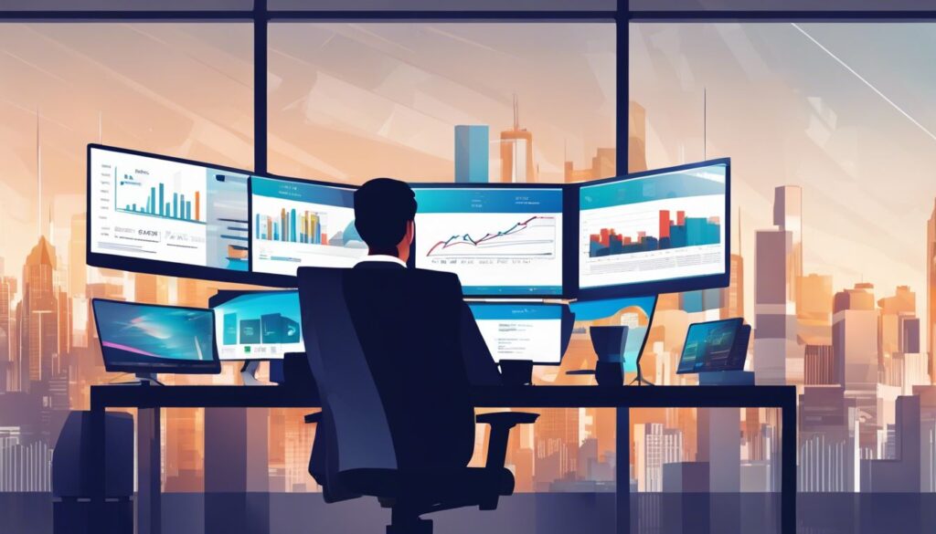 Een ervaren AFAS-accountant werkt op een modern kantoor met digitale schermen.