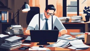 Een accountant werkt hard in een rommelig kantoor met stapels documenten.