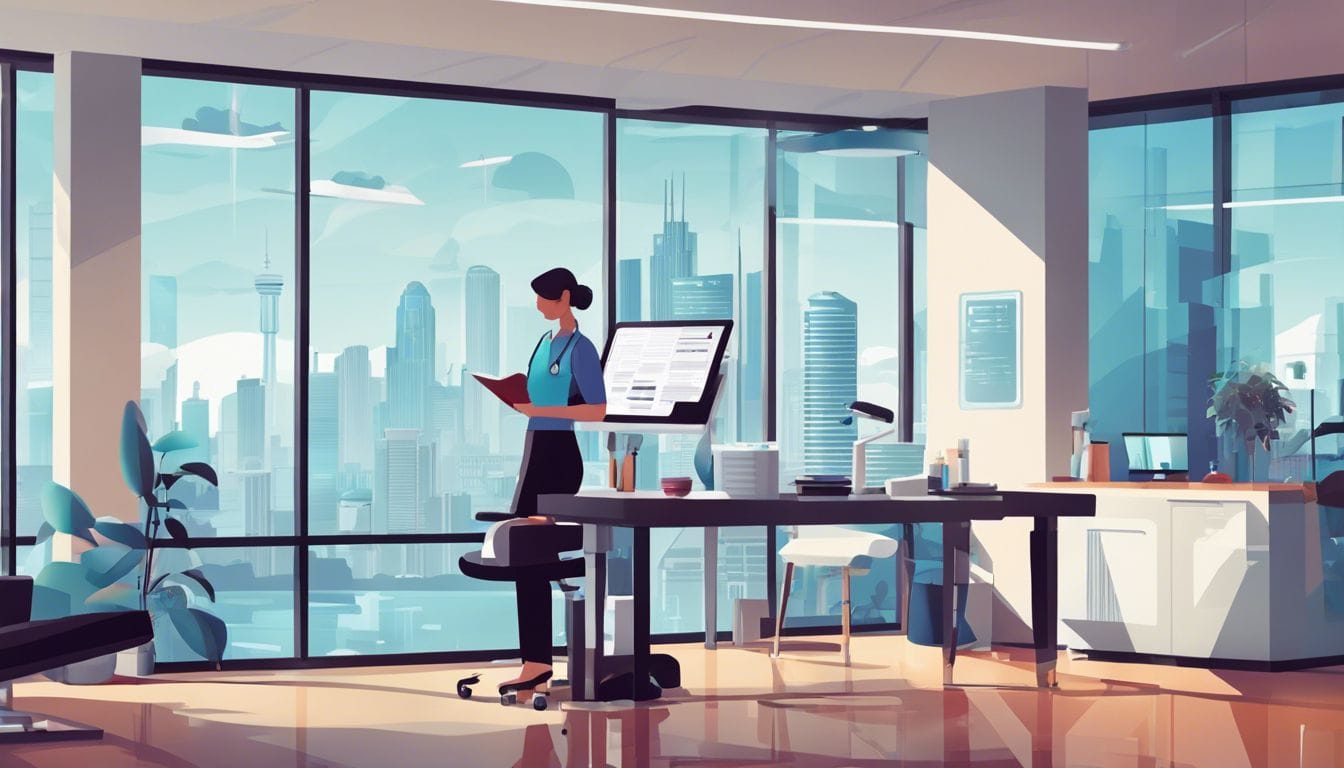 Een drukke fysiotherapeut bekijkt financi&euml;le gegevens in moderne kliniek.