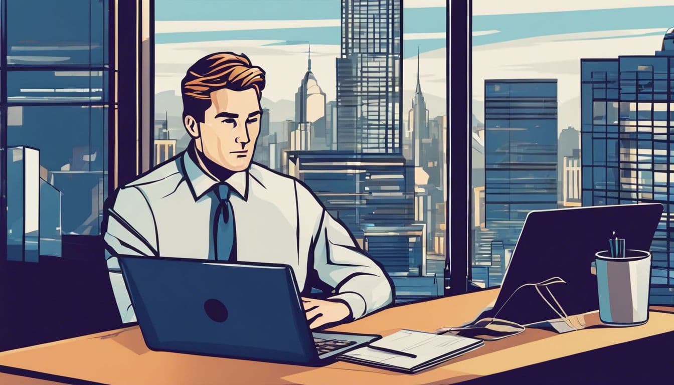 Een kerkbeheerder werkt op een laptop in een modern kantoor.