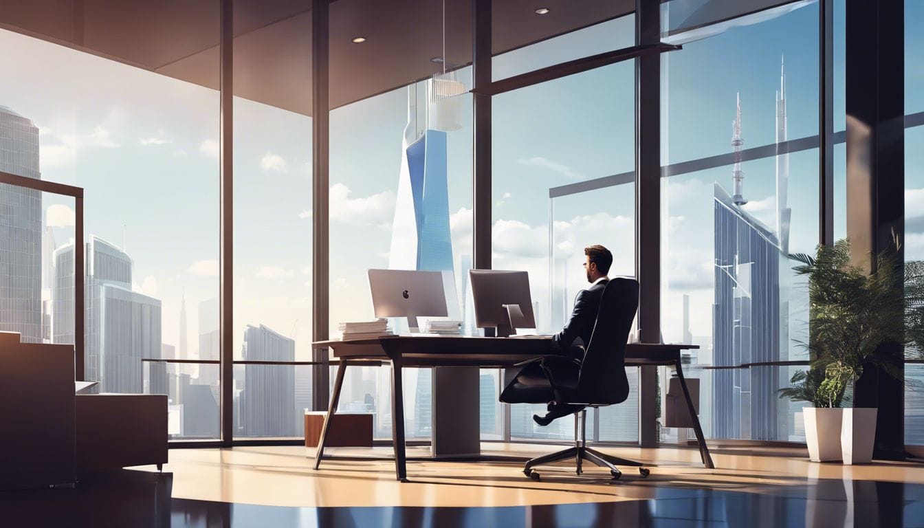 Een zakenman bekijkt financiële documenten in een modern kantoor. Een zakenman bekijkt financiële documenten in een modern kantoor.