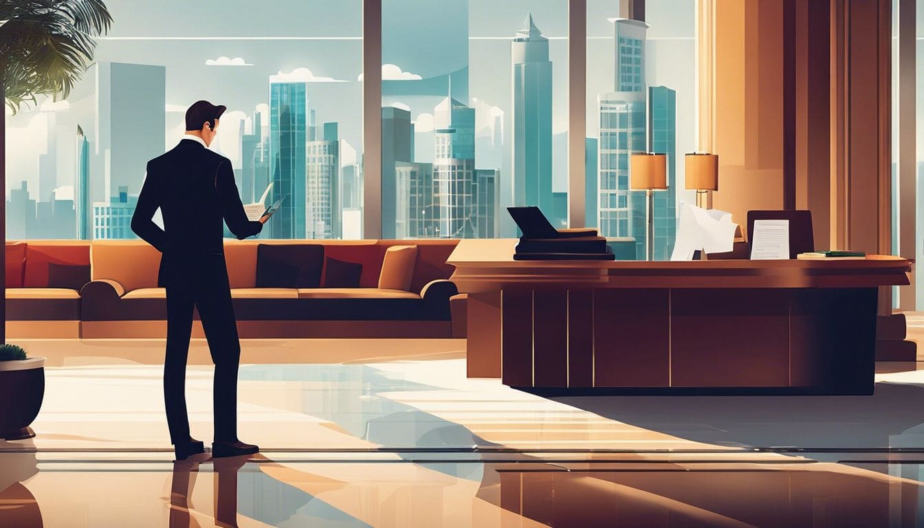 Een zakenman controleert hotelrekeningen in een chique hotellobby met stadsgezicht. Een zakenman controleert hotelrekeningen in een chique hotellobby met stadsgezicht.