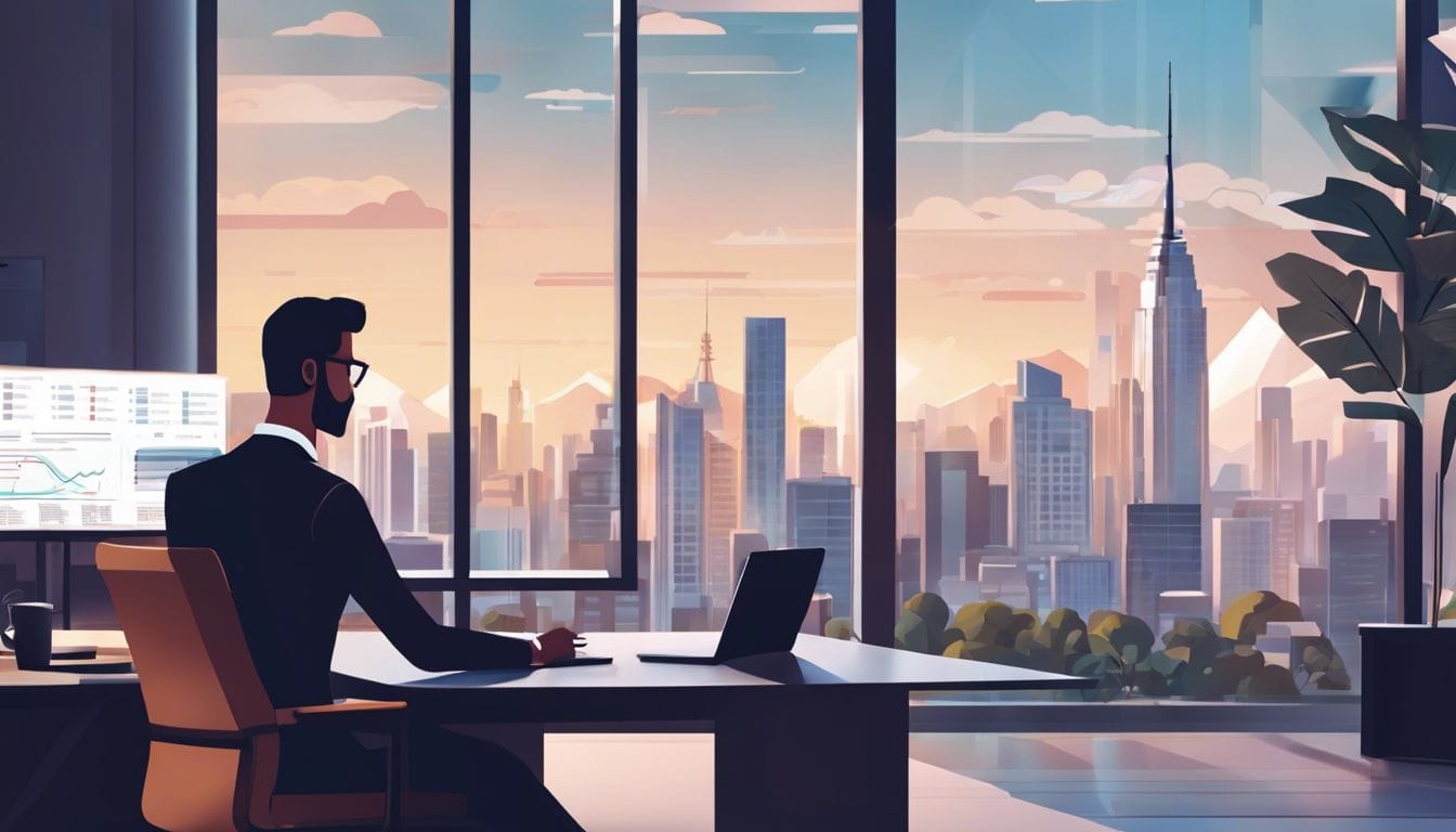 Een professionele accountant gebruikt AI-accounting-software in een moderne kantoorruimte.